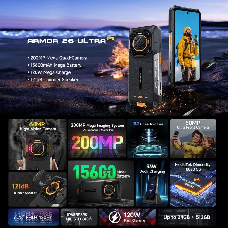 Ulefone Armor 26 Ultra 頑丈スマホ、6.78インチ Android 13 MediaTek Dimensity 8020 オクタコア、ネットワーク：5G、NFC、12GB+512GB
