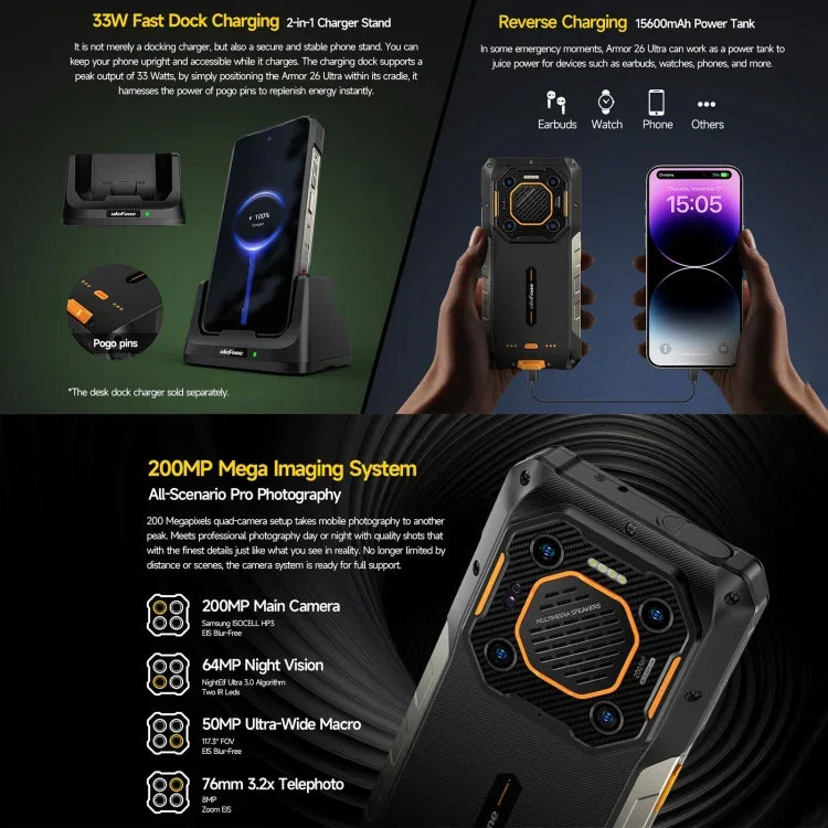 Ulefone Armor 26 Ultra 頑丈スマホ、6.78インチ Android 13 MediaTek Dimensity 8020 オクタコア、ネットワーク：5G、NFC、12GB+512GB