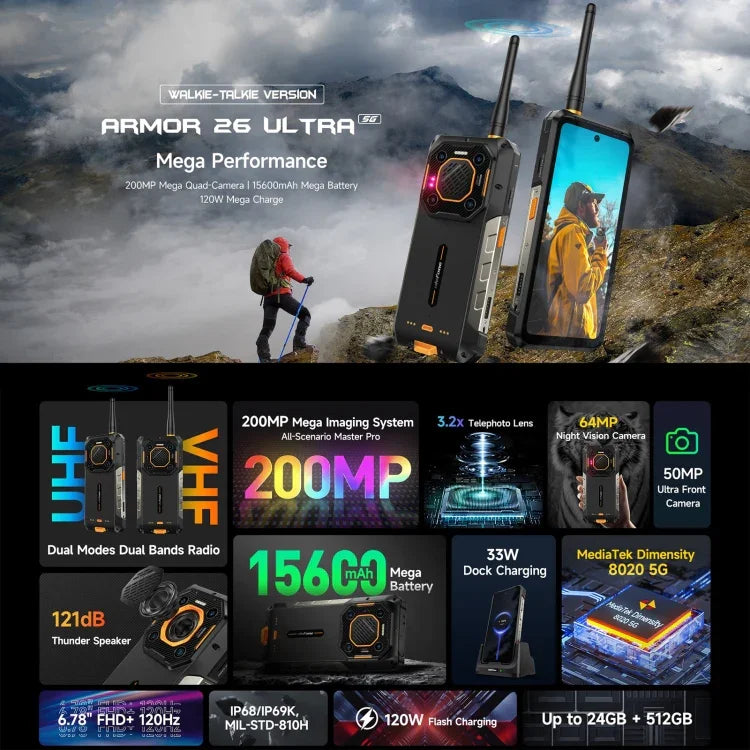 Ulefone Armor 26 Ultra トランシーバーバージョン 頑丈スマホ、6.78インチ Android 13 MediaTek Dimensity 8020 オクタコア、ネットワーク：5G、NFC、12GB+512GB トランシーバーバージョン