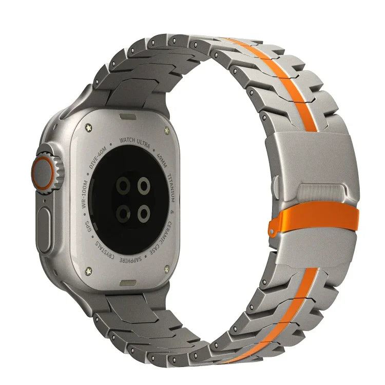 ダブルロックバックルタートルチタン鋼ウォッチバンド、Apple Watch SE 2023 44mm用、Apple Watch SE 2023 40mm用、Apple Watch Ultra 2 49mm用、Apple Watch Series 9 45mm用、Apple Watch Series 9 41mm用、Apple Watch Ultra 49mm用