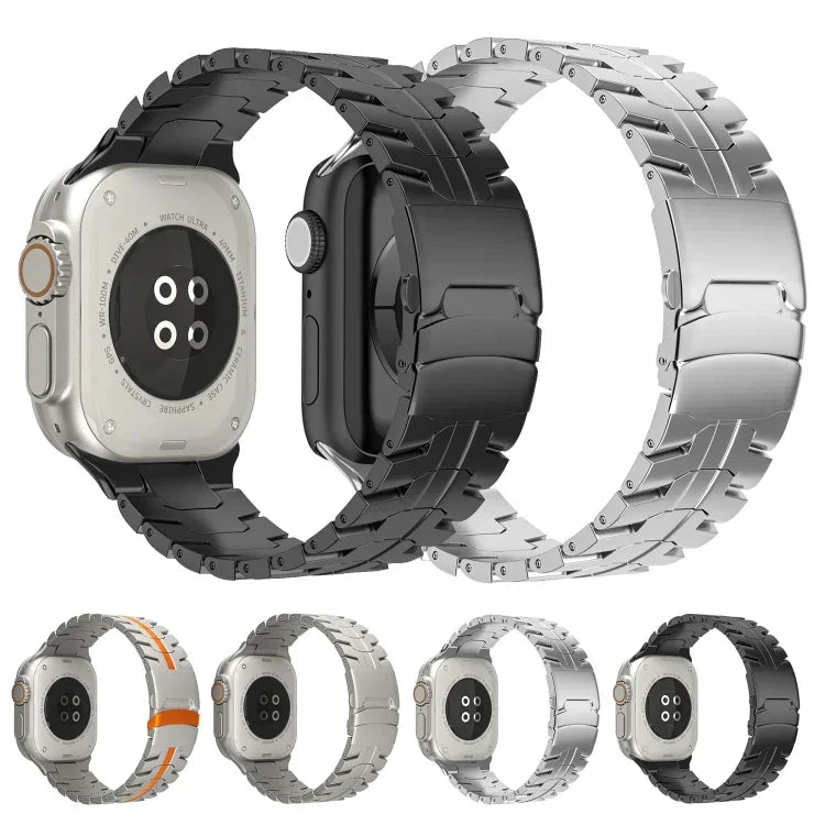 ダブルロックバックルタートルチタン鋼ウォッチバンド、Apple Watch SE 2023 44mm用、Apple Watch SE 2023 40mm用、Apple Watch Ultra 2 49mm用、Apple Watch Series 9 45mm用、Apple Watch Series 9 41mm用、Apple Watch Ultra 49mm用