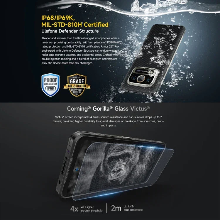 Ulefone Armor 25T Pro 頑丈スマートフォン、サーマルイメージング、6.78インチ Android 15 MediaTek Dimensity 6300 オクタコア、ネットワーク：5G、NFC、8GB+256GB