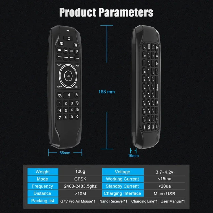 G7V Pro 2.4GHz フライエアマウス LEDバックライト ワイヤレスキーボード リモコン ジャイロスコープ搭載 Android TVボックス / PC対応 インテリジェント音声対応