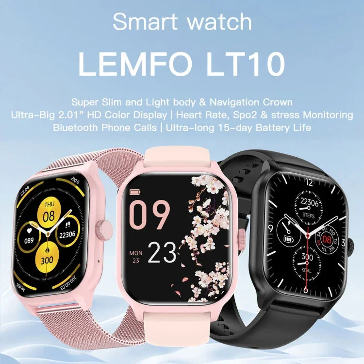 LEMFO LT10 2.01インチ TFTスクリーンスマートウォッチ Bluetooth通話 / 健康モニタリング対応、スチールストラップ、シリコンストラップ