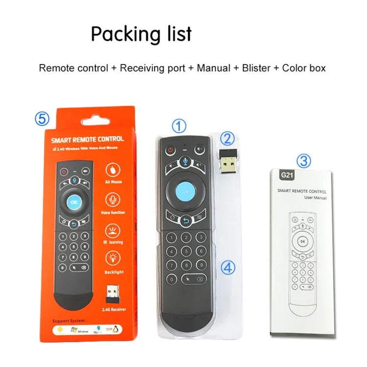 G21 2.4GHz フライエアマウス LEDバックライト ワイヤレスキーボード リモコン ジャイロスコープ搭載 Android TVボックス / PC対応 インテリジェント音声対応、ブルー