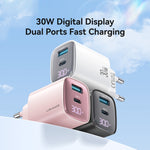 USAMS CC229 30W USB+USB-C / Type-C デュアルポート GaN デジタルディスプレイチャージャー、仕様：EUプラグ、CC229