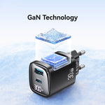 USAMS CC229 30W USB+USB-C / Type-C デュアルポート GaN デジタルディスプレイチャージャー、仕様：EUプラグ、CC229