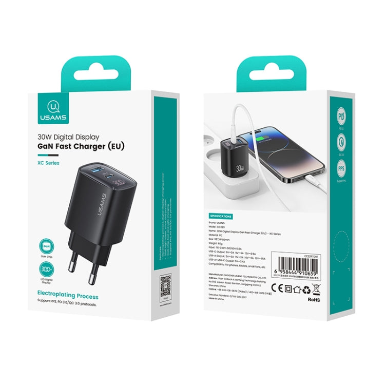 USAMS CC229 30W USB+USB-C / Type-C デュアルポート GaN デジタルディスプレイチャージャー、仕様：EUプラグ、CC229