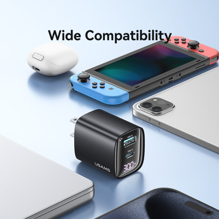 USAMS CC230 30W USB+USB-C / Type-C デュアルポート GaN デジタルディスプレイチャージャー、仕様：USプラグ、CC230