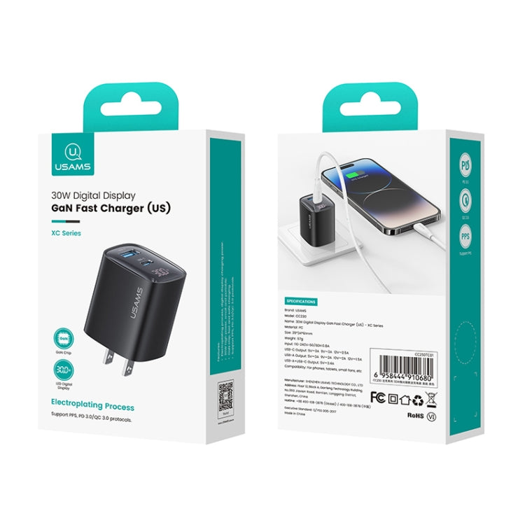 USAMS CC230 30W USB+USB-C / Type-C デュアルポート GaN デジタルディスプレイチャージャー、仕様：USプラグ、CC230