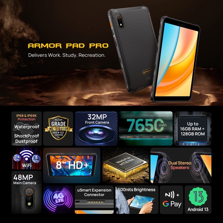 Ulefone Armor Pad Pro 頑丈タブレットPC、8インチ Android 13 MediaTek MT8788 オクタコア 4Gネットワーク、EUプラグ、Armor Pad Pro