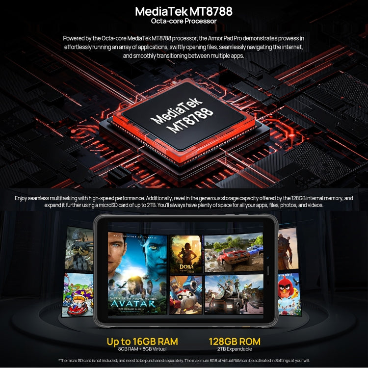 Ulefone Armor Pad Pro 頑丈タブレットPC、8インチ Android 13 MediaTek MT8788 オクタコア 4Gネットワーク、EUプラグ、Armor Pad Pro