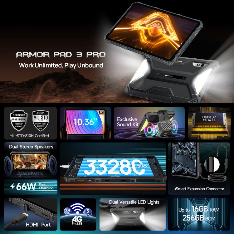 Ulefone Armor Pad 3 Pro 頑丈タブレットPC、10.36インチ Android 13 MediaTek MT8788 オクタコア 4Gネットワーク、EUプラグ、Armor Pad 3 Pro