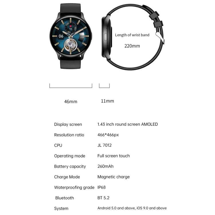 HK89 1.43 inch BT5.0 IP67 Sport Smart Watch, Support Bluetooth Call / Message Notification / Heart Rate / Blood Pressure Health Monitor