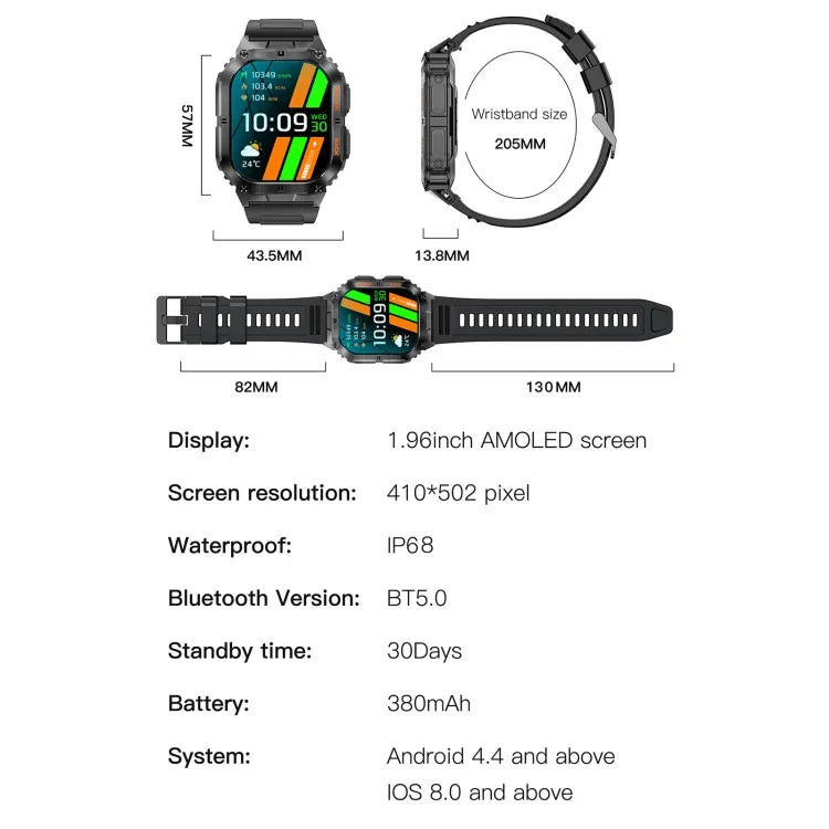 LEMFO K61 Pro 1.96インチ BT5.0 スポーツスマートウォッチ、Bluetooth通話 / 睡眠 / 血中酸素 / 心拍数 / 血圧健康モニター対応