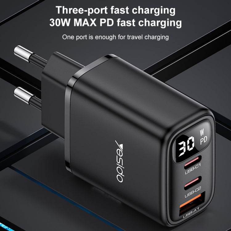 Yesido YC69 30W USB + デュアルUSB-C / Type-C デジタルディスプレイ充電器、仕様：EUプラグ、YC69