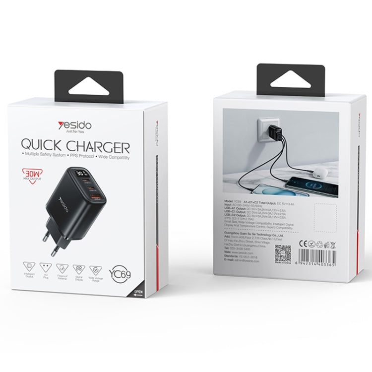 Yesido YC69 30W USB + デュアルUSB-C / Type-C デジタルディスプレイ充電器、仕様：EUプラグ、YC69