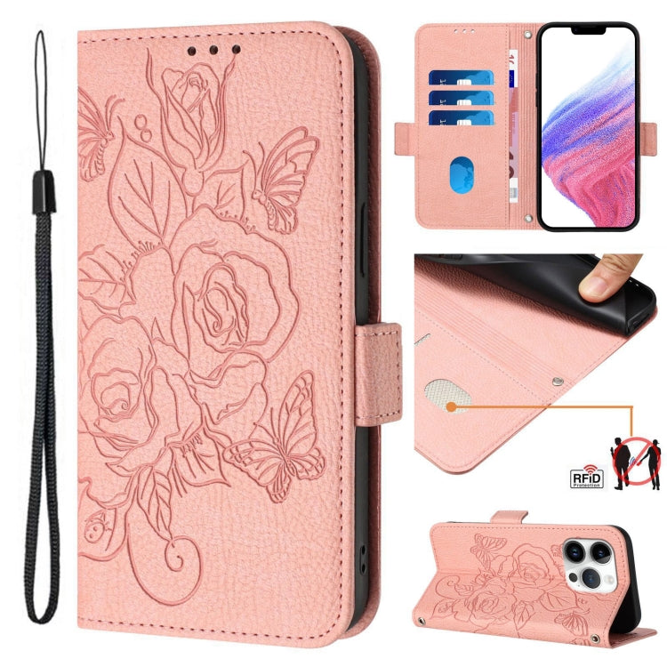 エンボス加工ローズ RFID 防盗レザー製フォンケース、iPhone 17 Pro Max 用、iPhone 17 Pro 用、iPhone 17 用、iPhone Air 用、iPhone SE 2024 用、iPhone 16 Pro Max 用、iPhone 16 Pro 用、iPhone 16 Plus 用