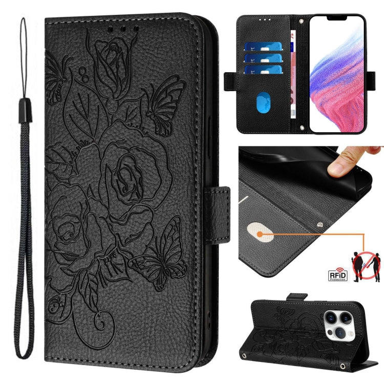 エンボス加工ローズ RFID 防盗レザー製フォンケース、iPhone 17 Pro Max 用、iPhone 17 Pro 用、iPhone 17 用、iPhone Air 用、iPhone SE 2024 用、iPhone 16 Pro Max 用、iPhone 16 Pro 用、iPhone 16 Plus 用