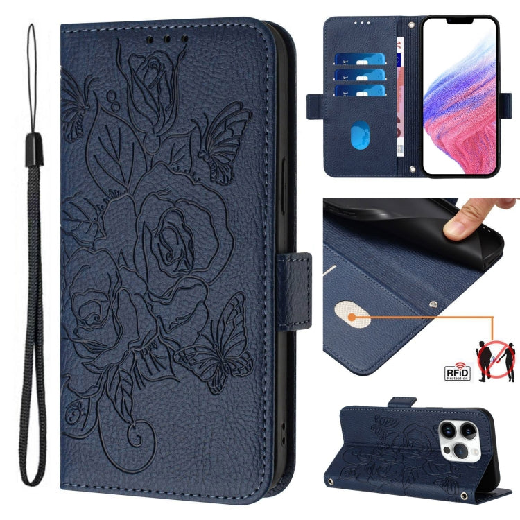エンボス加工ローズ RFID 防盗レザー製フォンケース、iPhone 17 Pro Max 用、iPhone 17 Pro 用、iPhone 17 用、iPhone Air 用、iPhone SE 2024 用、iPhone 16 Pro Max 用、iPhone 16 Pro 用、iPhone 16 Plus 用