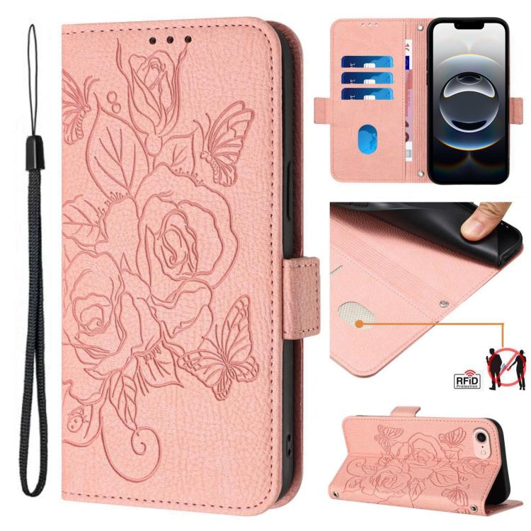 エンボス加工ローズ RFID 防盗レザー製フォンケース、iPhone 17 Pro Max 用、iPhone 17 Pro 用、iPhone 17 用、iPhone Air 用、iPhone SE 2024 用、iPhone 16 Pro Max 用、iPhone 16 Pro 用、iPhone 16 Plus 用
