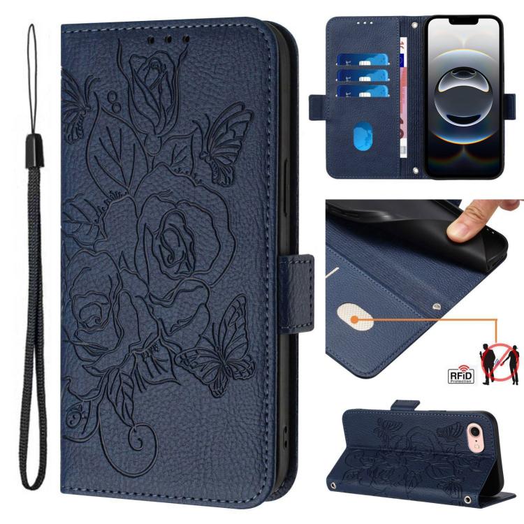 エンボス加工ローズ RFID 防盗レザー製フォンケース、iPhone 17 Pro Max 用、iPhone 17 Pro 用、iPhone 17 用、iPhone Air 用、iPhone SE 2024 用、iPhone 16 Pro Max 用、iPhone 16 Pro 用、iPhone 16 Plus 用