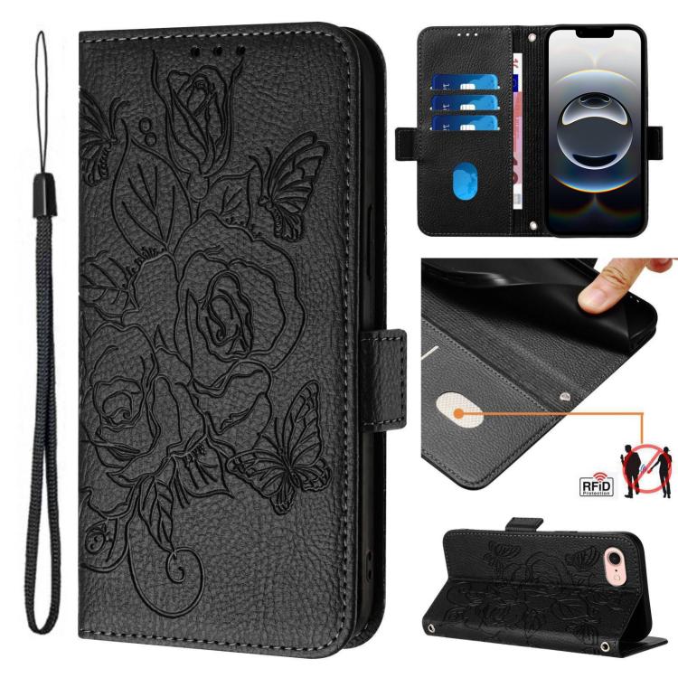 エンボス加工ローズ RFID 防盗レザー製フォンケース、iPhone 17 Pro Max 用、iPhone 17 Pro 用、iPhone 17 用、iPhone Air 用、iPhone SE 2024 用、iPhone 16 Pro Max 用、iPhone 16 Pro 用、iPhone 16 Plus 用