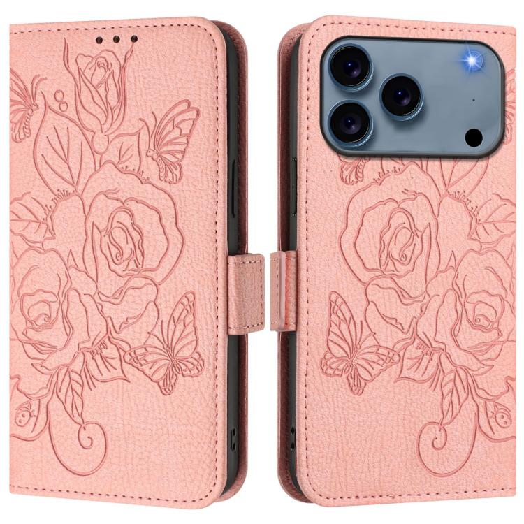 エンボス加工ローズ RFID 防盗レザー製フォンケース、iPhone 17 Pro Max 用、iPhone 17 Pro 用、iPhone 17 用、iPhone Air 用、iPhone SE 2024 用、iPhone 16 Pro Max 用、iPhone 16 Pro 用、iPhone 16 Plus 用