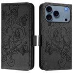 エンボス加工ローズ RFID 防盗レザー製フォンケース、iPhone 17 Pro Max 用、iPhone 17 Pro 用、iPhone 17 用、iPhone Air 用、iPhone SE 2024 用、iPhone 16 Pro Max 用、iPhone 16 Pro 用、iPhone 16 Plus 用