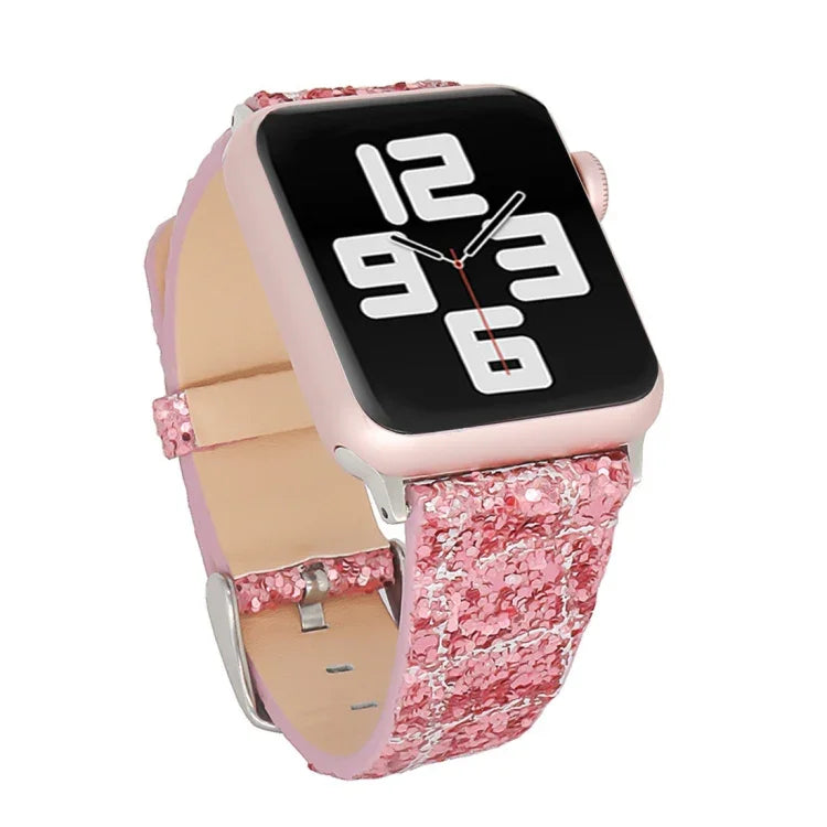 グリッターシークインレザー交換用ストラップウォッチバンド、Apple Watch 5 & 4 44mm / 3 & 2 & 1 42mm用、Apple Watch Series 7 41mm / 6 & SE & 5 & 4 40mm / 3 & 2 & 1 38mm用、Apple Watch Series 8&7 41mm / SE 2&6&SE&5&4 40mm / 3&2&1 38mm用