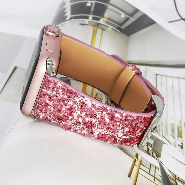 グリッターシークインレザー交換用ストラップウォッチバンド、Apple Watch 5 & 4 44mm / 3 & 2 & 1 42mm用、Apple Watch Series 7 41mm / 6 & SE & 5 & 4 40mm / 3 & 2 & 1 38mm用、Apple Watch Series 8&7 41mm / SE 2&6&SE&5&4 40mm / 3&2&1 38mm用