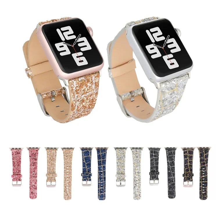 グリッターシークインレザー交換用ストラップウォッチバンド、Apple Watch 5 & 4 44mm / 3 & 2 & 1 42mm用、Apple Watch Series 7 41mm / 6 & SE & 5 & 4 40mm / 3 & 2 & 1 38mm用、Apple Watch Series 8&7 41mm / SE 2&6&SE&5&4 40mm / 3&2&1 38mm用