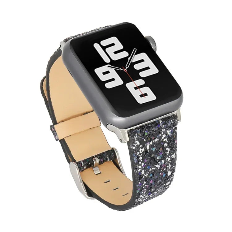 グリッターシークインレザー交換用ストラップウォッチバンド、Apple Watch 5 & 4 44mm / 3 & 2 & 1 42mm用、Apple Watch Series 7 41mm / 6 & SE & 5 & 4 40mm / 3 & 2 & 1 38mm用、Apple Watch Series 8&7 41mm / SE 2&6&SE&5&4 40mm / 3&2&1 38mm用