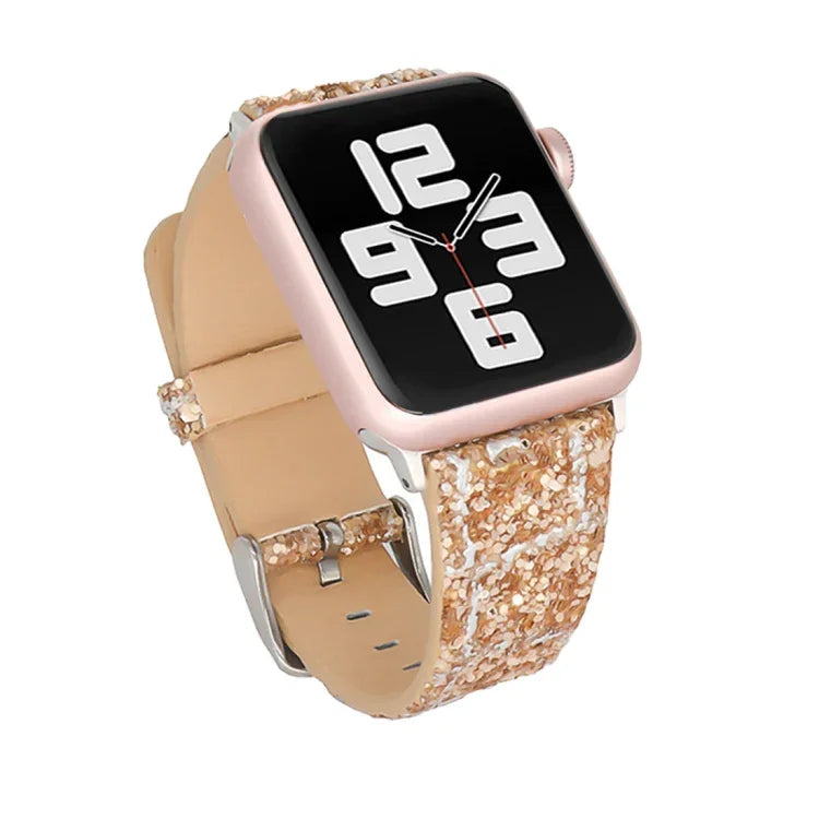 グリッターシークインレザー交換用ストラップウォッチバンド、Apple Watch 5 & 4 44mm / 3 & 2 & 1 42mm用、Apple Watch Series 7 41mm / 6 & SE & 5 & 4 40mm / 3 & 2 & 1 38mm用、Apple Watch Series 8&7 41mm / SE 2&6&SE&5&4 40mm / 3&2&1 38mm用