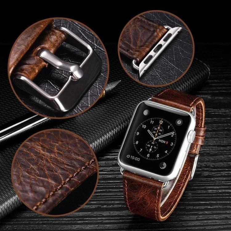 ラウンドテイルレトロ クレイジーホーステクスチャ 本革交換用ストラップウォッチバンド、Apple Watch 5 & 4 44mm / 3 & 2 & 1 42mm用、Apple Watch Series 7 41mm / 6 & SE & 5 & 4 40mm / 3 & 2 & 1 38mm用