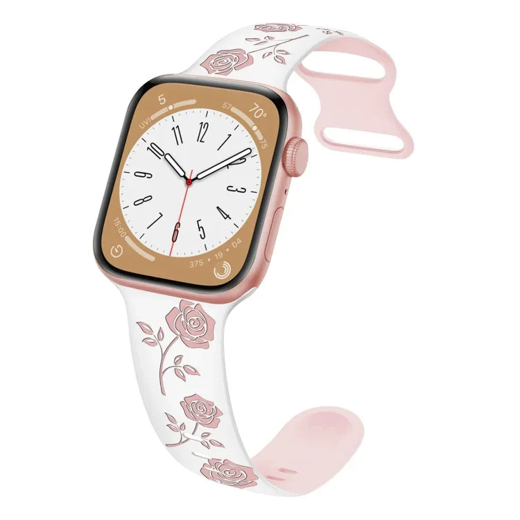 ツートンカラー ローズ彫刻シリコンウォッチバンド、Apple Watch SE 2023 44mm用、Apple Watch SE 2023 40mm用、Apple Watch Ultra 2 49mm用、Apple Watch Series 9 45mm用、Apple Watch Series 9 41mm用、Apple Watch Ultra 49mm用、Apple Watch Series 8 41mm用...
