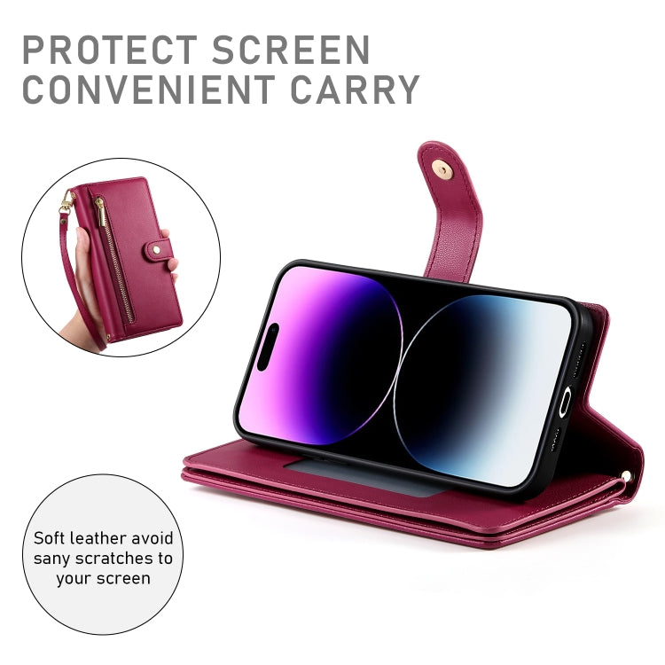 9カードスロット ジッパー付き財布型レザーケース、iPhone 14 Pro Max 用、iPhone 13 Pro Max 用、iPhone 13 Pro 用、iPhone 13 用、iPhone 13 mini 用、iPhone 12 / 12 Pro 用、iPhone 12 Pro Max 用、iPhone 12 mini 用