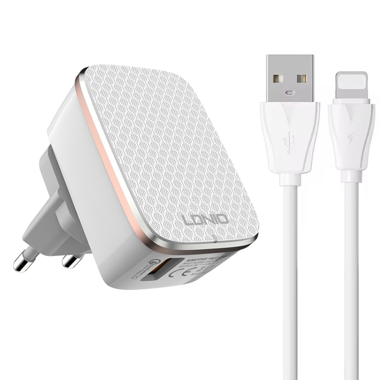 LDNIO A1204Q QC3.0 18W USB 急速充電器 1m USB to 8ピンケーブル付き、EUプラグ、UKプラグ、USプラグ