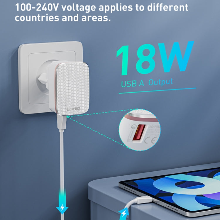 LDNIO A1204Q QC3.0 18W USB 急速充電器 1m USB to 8ピンケーブル付き、EUプラグ、UKプラグ、USプラグ