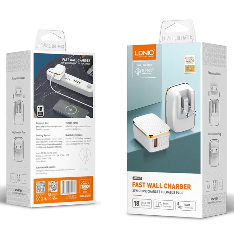 LDNIO A1204Q QC3.0 18W USB 急速充電器 1m USB to 8ピンケーブル付き、EUプラグ、UKプラグ、USプラグ