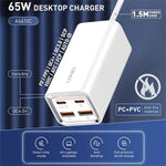 LDNIO A4610C PD65W デュアルUSB-C / Type-C＋デュアルUSB高速充電器、ケーブル長1.5m、EUプラグ、A4610C（UKプラグ）、USプラグ