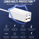 LDNIO A4610C PD65W デュアルUSB-C / Type-C＋デュアルUSB高速充電器、ケーブル長1.5m、EUプラグ、A4610C（UKプラグ）、USプラグ