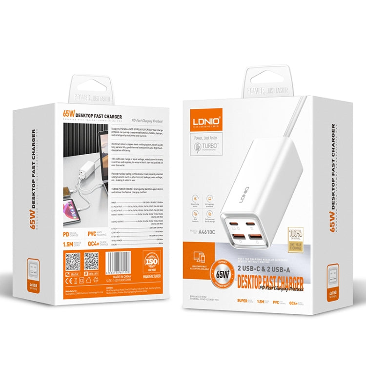 LDNIO A4610C PD65W デュアルUSB-C / Type-C＋デュアルUSB高速充電器、ケーブル長1.5m、EUプラグ、A4610C（UKプラグ）、USプラグ