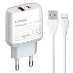 LDNIO Q229 QC3.0 / PD20W USB + Type-C 急速充電器 1m USB to 8ピンケーブル付き、EUプラグ、UKプラグ、USプラグ