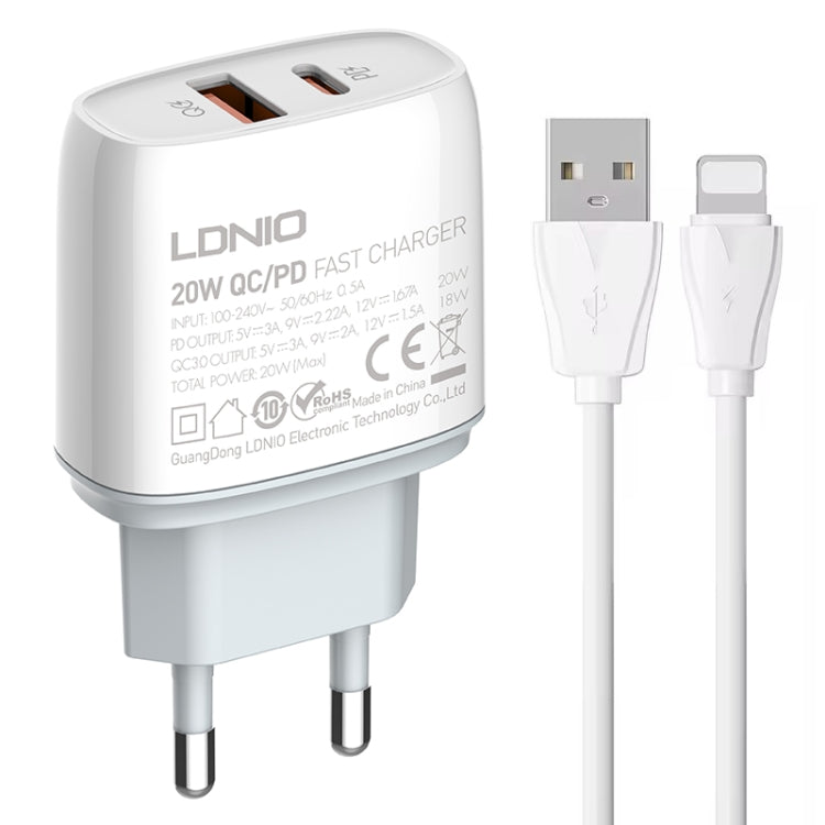 LDNIO Q229 QC3.0 / PD20W USB + Type-C 急速充電器 1m USB to 8ピンケーブル付き、EUプラグ、UKプラグ、USプラグ