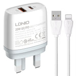 LDNIO Q229 QC3.0 / PD20W USB + Type-C 急速充電器 1m USB to 8ピンケーブル付き、EUプラグ、UKプラグ、USプラグ
