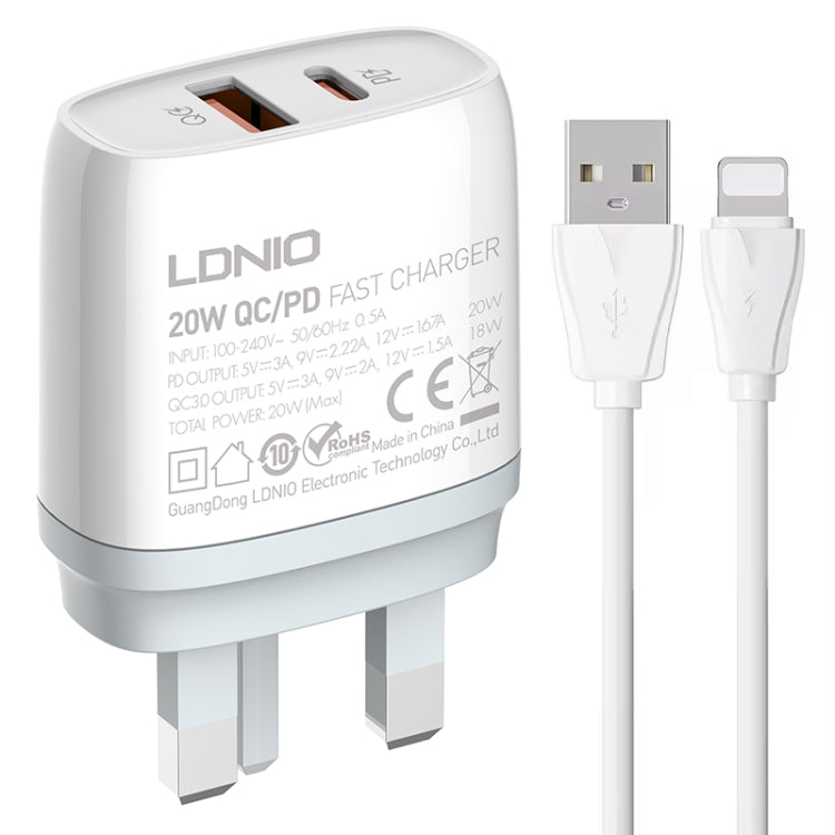 LDNIO Q229 QC3.0 / PD20W USB + Type-C 急速充電器 1m USB to 8ピンケーブル付き、EUプラグ、UKプラグ、USプラグ