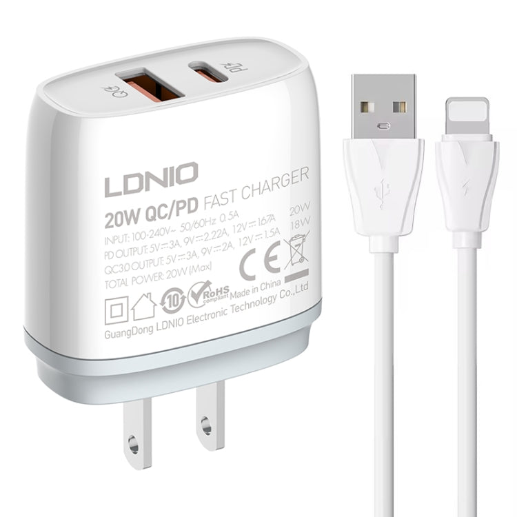 LDNIO Q229 QC3.0 / PD20W USB + Type-C 急速充電器 1m USB to 8ピンケーブル付き、EUプラグ、UKプラグ、USプラグ