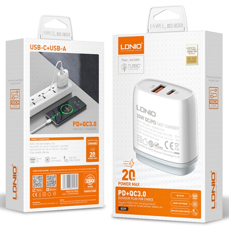 LDNIO Q229 QC3.0 / PD20W USB + Type-C 急速充電器 1m USB to 8ピンケーブル付き、EUプラグ、UKプラグ、USプラグ