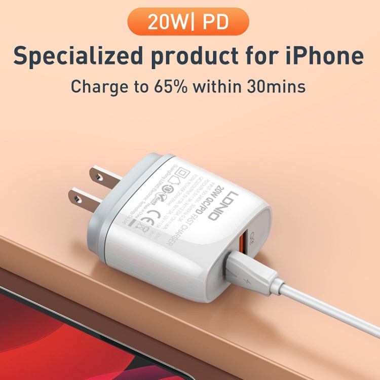 LDNIO Q229 QC3.0 / PD20W USB + Type-C 急速充電器 1m USB to 8ピンケーブル付き、EUプラグ、UKプラグ、USプラグ